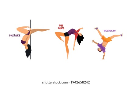 Set of Various Styles of Dancing, People Dancing Pole, Free, Break Dances Cartoon Vector Illustration