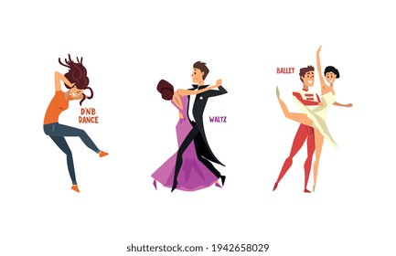 Set of Various Styles of Dancing, Professional Dancers Performing Ballet, Waltz, Drum and Bass Cartoon Vector Illustration