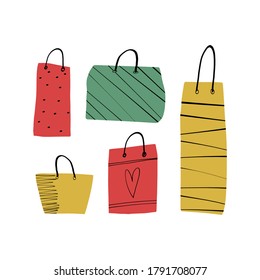 A set of various stylish hand-drawn festive shopping paper bags, packaging for Christmas gifts and birthday presents. Cute vector illustration on isolated background for your design.
