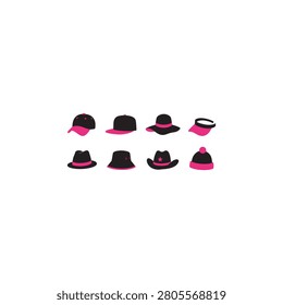 Set of various stylish hats and headwear icons in black and pink with headwear accessory clothing collection illustration silhouette headgear