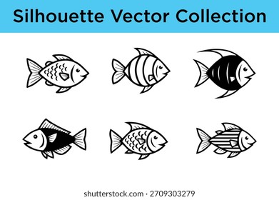 Conjunto de varias siluetas de peces estilizadas en blanco y negro, perfectas para el Diseño gráfico de temática marina.