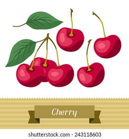 Set of various stylized ripe fresh cherries.