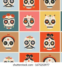 Set of various Sugar Skulls. Fancy skeleton heads. Various ornaments. Hand Drawn Vector illustration. Mexican Day of the Dead. Dia de los muertos. Halloween decoration. Seamless pattern. Background