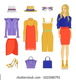 Set of various summer clothes, colorful banner isoalted on white backdrop, dresses and red skirts, lilac shirt, heeled shoes, hats bags and sunglasses