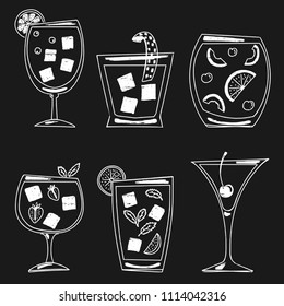 A set of various summer cocktails drawn with chalk on blackboard. Bar menu theme.