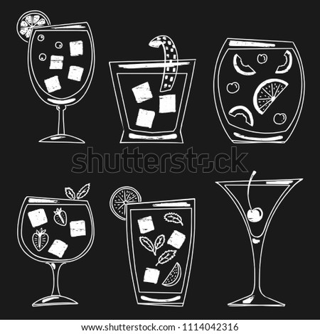 A set of various summer cocktails drawn with chalk on blackboard. Bar menu theme.