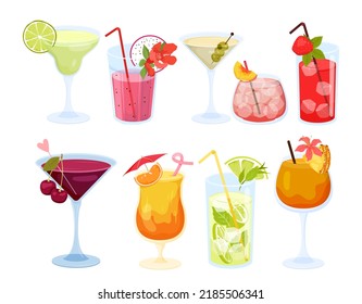 Set of various summer colorful cocktails. Cocktail party, alcohol drinks with exotic fruits, mojito and gin glasses, beverages with tropical decorations vector illustration