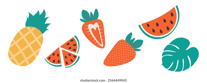 Set Various summer fruits and monstera leaf Pineapple, watermelon slices, strawberry Whole and half