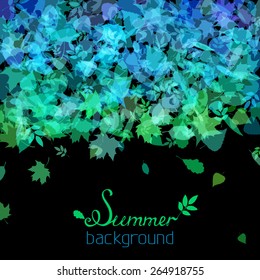 Set of various summer leaves silhouettes on black background. There is place for your text at the bottom of the image.