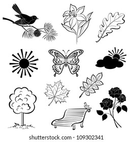 Set of various summer nature objects, black silhouettes isolated on white background. Vector