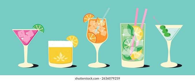 Set of various summer party drinks. 