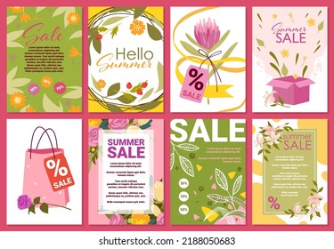 Set of various summer postcards. Seasonal sale announcement, promotional campaign, special shopping offers, blossoming and flowers, enjoy holiday time vector illustration