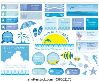 A set of various summer vector illustrations, signs and info-graphics.