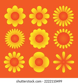 Set of various sunflowers in flat style cartoon illustration on orange background