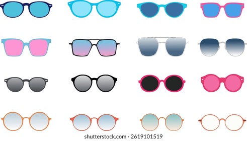 Set of various sunglasses, accessories, sunglasses, glasses in plastic frames, modern glasses, vector illustration.