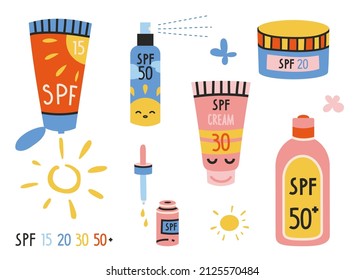 Set with various sunscreen products in different packages, SPF in cartoon style. Protection for the skin from solar ultraviolet light. Trendy modern vector illustrations isolated on white background.