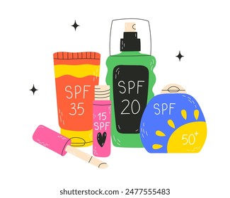 Set con varios productos de protección solar en diferentes paquetes, SPF en estilo dibujado a mano. Protección de la piel de la luz ultravioleta solar. Ilustraciones vectoriales de moda aisladas sobre fondo blanco.