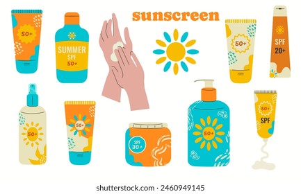 Un conjunto de varios protectores solares en un paquete brillante. Aislado sobre un fondo blanco. Productos cosméticos de la protección solar del verano. Ilustración vectorial.