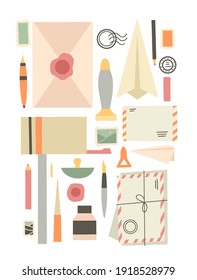 Conjunto de materiales diversos sobre el tema de cartas antiguas y correo. Sobres, sellos, pesos de papel, buzón, suministros de oficina. Cera y focas ordinarias. Ilustración plana simple del vector