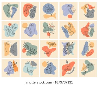 Set of Various Surreal faces. Face line art. Face drawing. Contemporary portrait. Round elements, abstract shapes, lines, floral, leaves, flowers. Hand drawn Vector illustrations. Minimalistic style