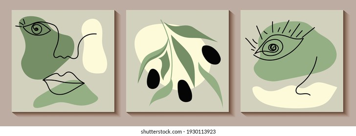 Set of Various Surreal faces. Face line art. Face drawing. Contemporary portrait. Round elements, abstract shapes, lines, floral, leaves, flowers. Hand drawn Vector illustrations. Minimalistic style
