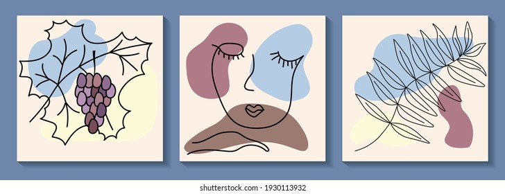 Set of Various Surreal faces. Face line art. Face drawing. Contemporary portrait. Round elements, abstract shapes, lines, floral, leaves, flowers. Hand drawn Vector illustrations. Minimalistic style