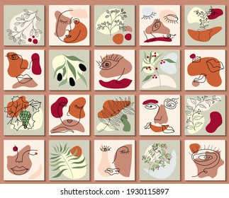 Set of Various Surreal faces. Face line art. Face drawing. Contemporary portrait. Round elements, abstract shapes, lines, floral, leaves, flowers. Hand drawn Vector illustrations. Minimalistic style