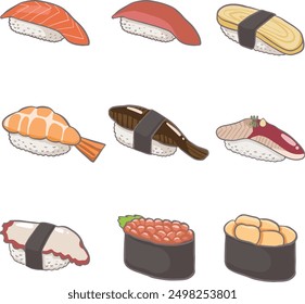 Set of various sushi cute hand drawn doodles art of Japanese food set