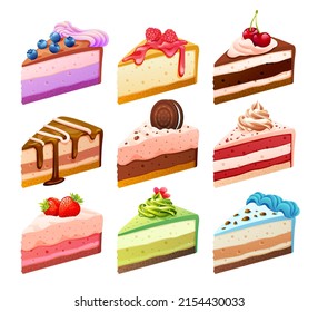 Set of various sweet cake pieces cartoon illustration