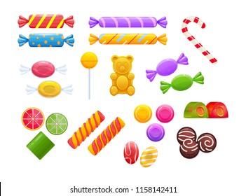 Set of various sweets, delicious desserts. Children's gifts, sweets for tea, colorful candy in the package, lollipops, marmalade, jelly with filling, chocolate. Vector illustration isolated.