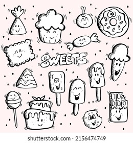 Set of various sweets doodles illustrations. Vector hand drawn simple sweets and candies sketches with cute smily faces.