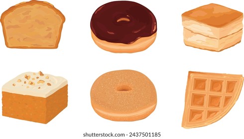 Set de varios dulces. Dibujado a mano ilustración vectorial. Donut, scone, gofre, pastel de plátano, pastel de zanahoria.