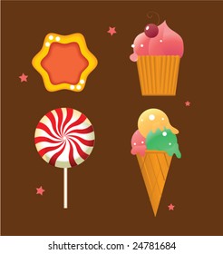 Set of various sweets - ice-cream, cookie, lollypop and cupcake.