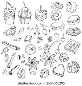 Set of various sweets isolated on white. Black and white style, hand-drawn. Objects for your design.