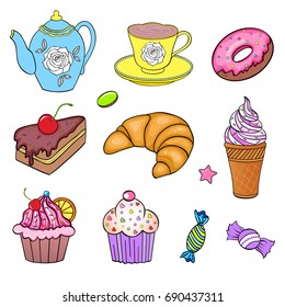 Set of various sweets on white background.Vector illustration