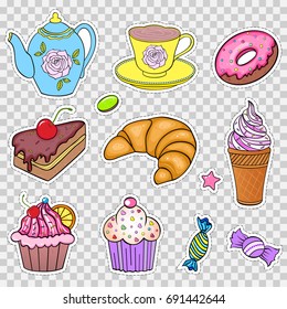 Set of various sweets on white background.Stickers for scrapbooking,gift boxes,skins,cases,wallets,craft etc. Vector illustration.
