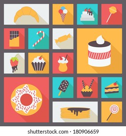 Conjunto de varios dulces para el restaurante y la carta. Iconos vectoriales de diseño plano.