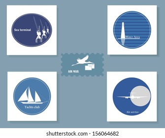 Set of various symbols on a blue background.