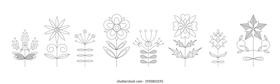 Set of various symmetric flower design elements. Monochrome art vector illustration isolated on white background. . Folk style. Suitable for textile, wrapping paper and different types of design.