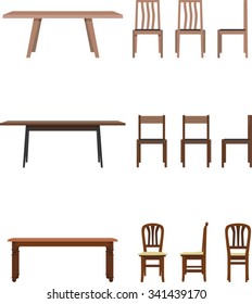 set of various table and chair on white background