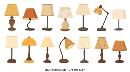 Set of various table lamp light. Interior desk vintage lampshade design. Home electric furniture. Vector flat illustration