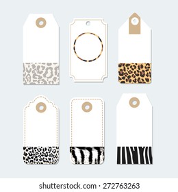 Set of various tags, labels with trendy animal skin patterns, vector illustration backgrounds