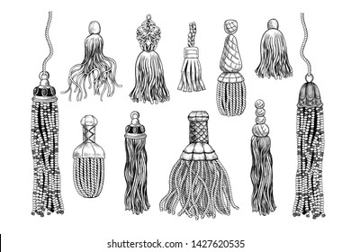 

A set of various tassels and sword knots of different materials. Cord, thread, leather, beads. Engraved decor elements. Monochrome isolated objects. Vector vintage illustration.