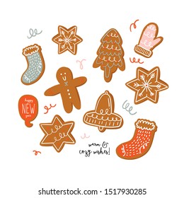 Set of various tasty gingerbread cookies in cartoon style. Hand drawn cute holiday winter illustration. Christmas sweet man, bell, socks, star, mitten, snowflake. Vector isolated.