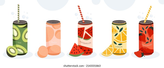 Set of Various tasty Sodas. Aluminum can with sweet fruit drinks or fresh peaches, kiwi or strawberries. Carbonated water. Packaging Design. Cartoon flat vector collection isolated on white background