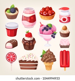 Set of various tasty sweets and desserts made of chocolate, strawberry and fruit. Dairy, pastry and confectionary goods. Isolated vector illustrations.  