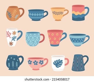 Set of various tea cups. Cute dishes different shapes and ornaments. Hand drawn color vector illustration isolated on beige background. Modern flat cartoon style.