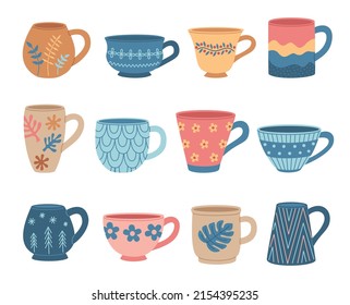 Set of various tea cups. Cute dishes different shapes and ornaments. Hand drawn color vector illustration isolated on white background. Modern flat cartoon style.