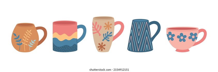 Set of various tea cups. Cute dishes different shapes and ornaments. Hand drawn color vector illustration isolated on white background. Modern trendy flat cartoon style.
