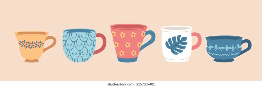 Set of various tea cups. Cute dishes different shapes and ornaments. Hand drawn vector illustration isolated on beige background. Modern flat cartoon style.